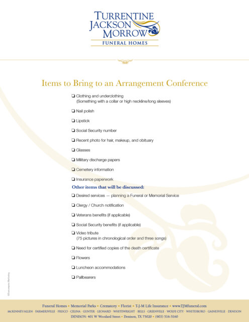 Items to Bring to an Arrangement